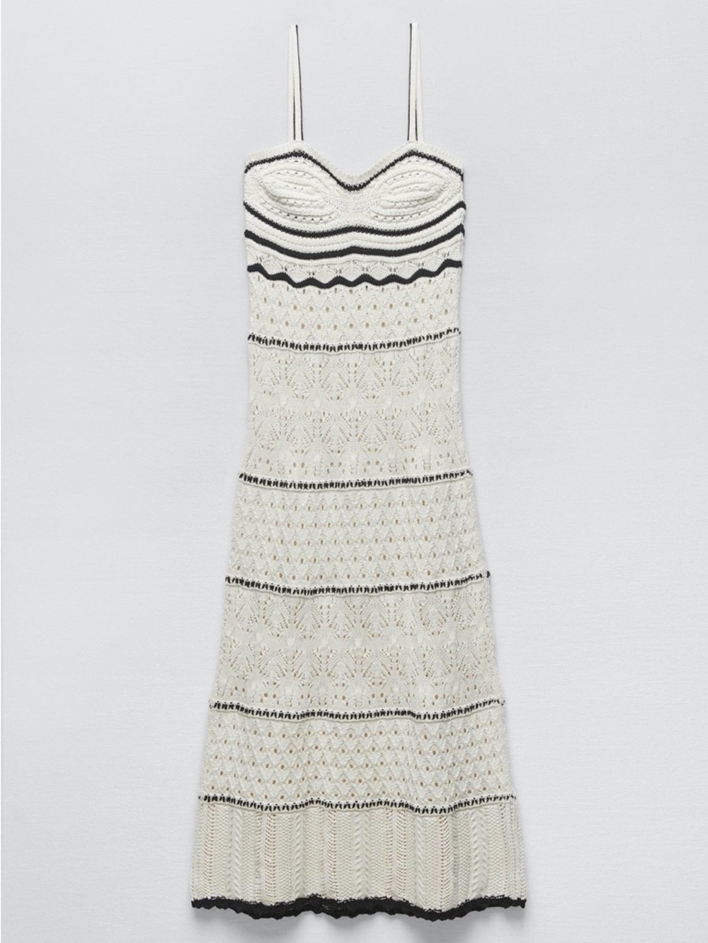 Zara Ivory Crochet Midi Dress with Black Trim Size M